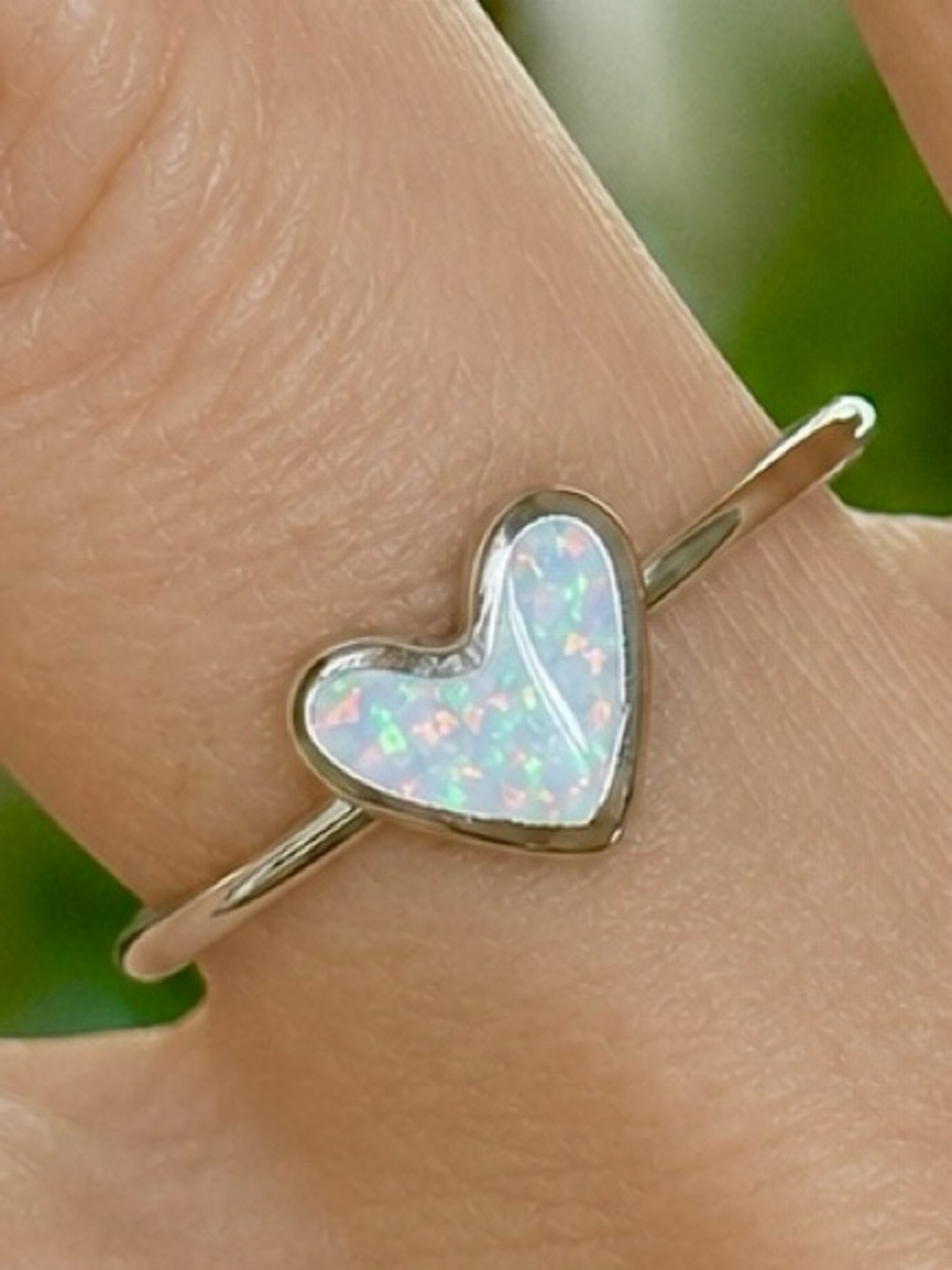 Sterling silver lab opal heart ring size 8